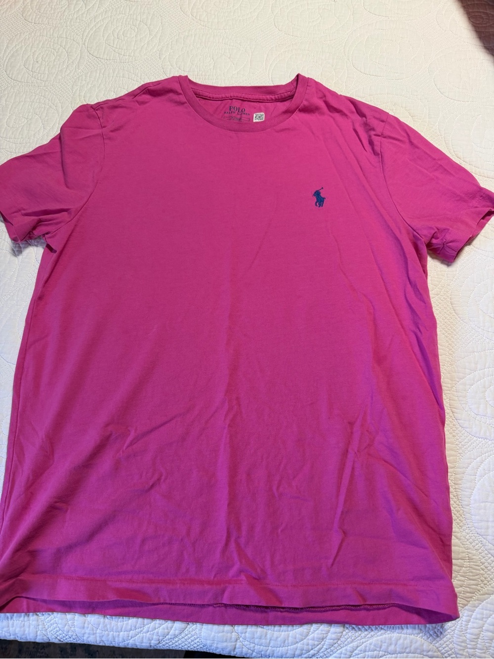 Polo by Ralph Lauren Men's Bright Pink Crew Neck Tee with Navy Logo